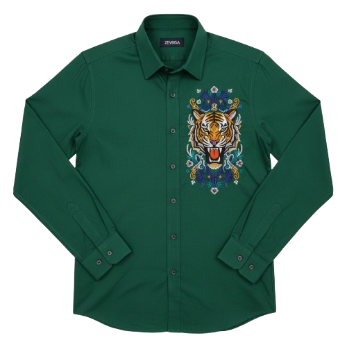 Green button-up shirt with embroidered tiger and floral design on the chest.
